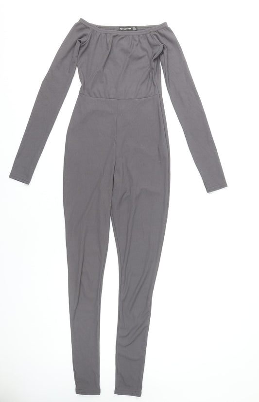 PrettyLittleThing Women’s Grey Off-Shoulder Ribbed Catsuit Size 4