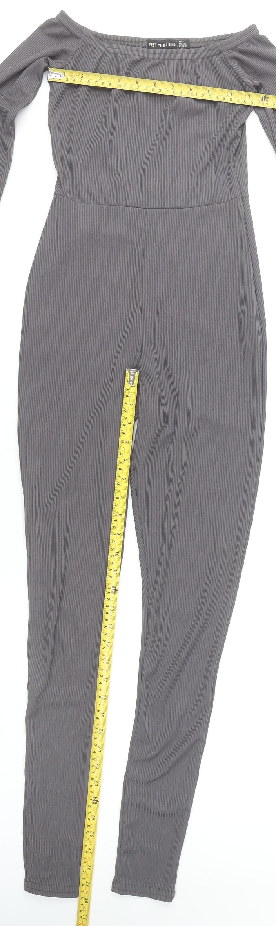 PrettyLittleThing Women’s Grey Off-Shoulder Ribbed Catsuit Size 4