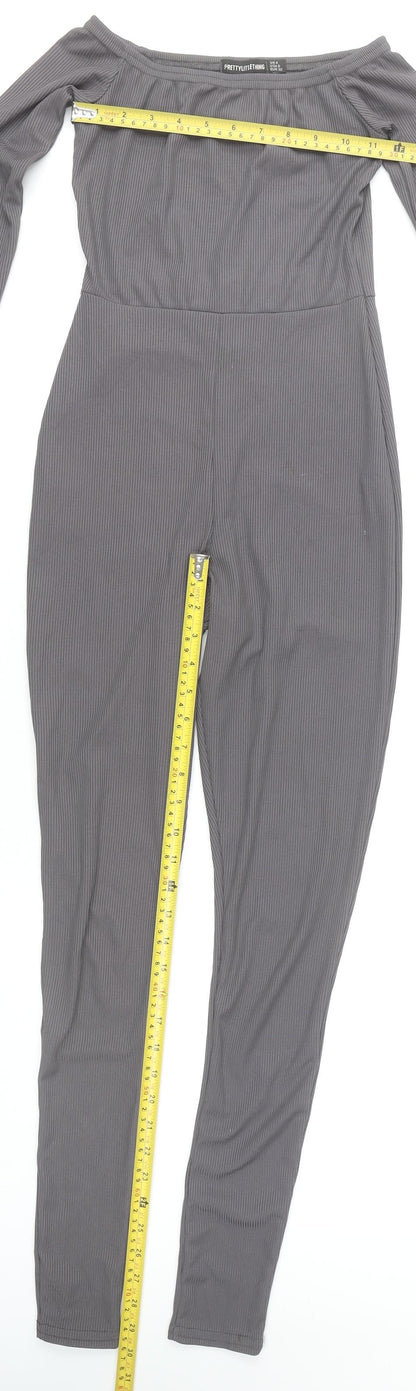PrettyLittleThing Women’s Grey Off-Shoulder Ribbed Catsuit Size 4