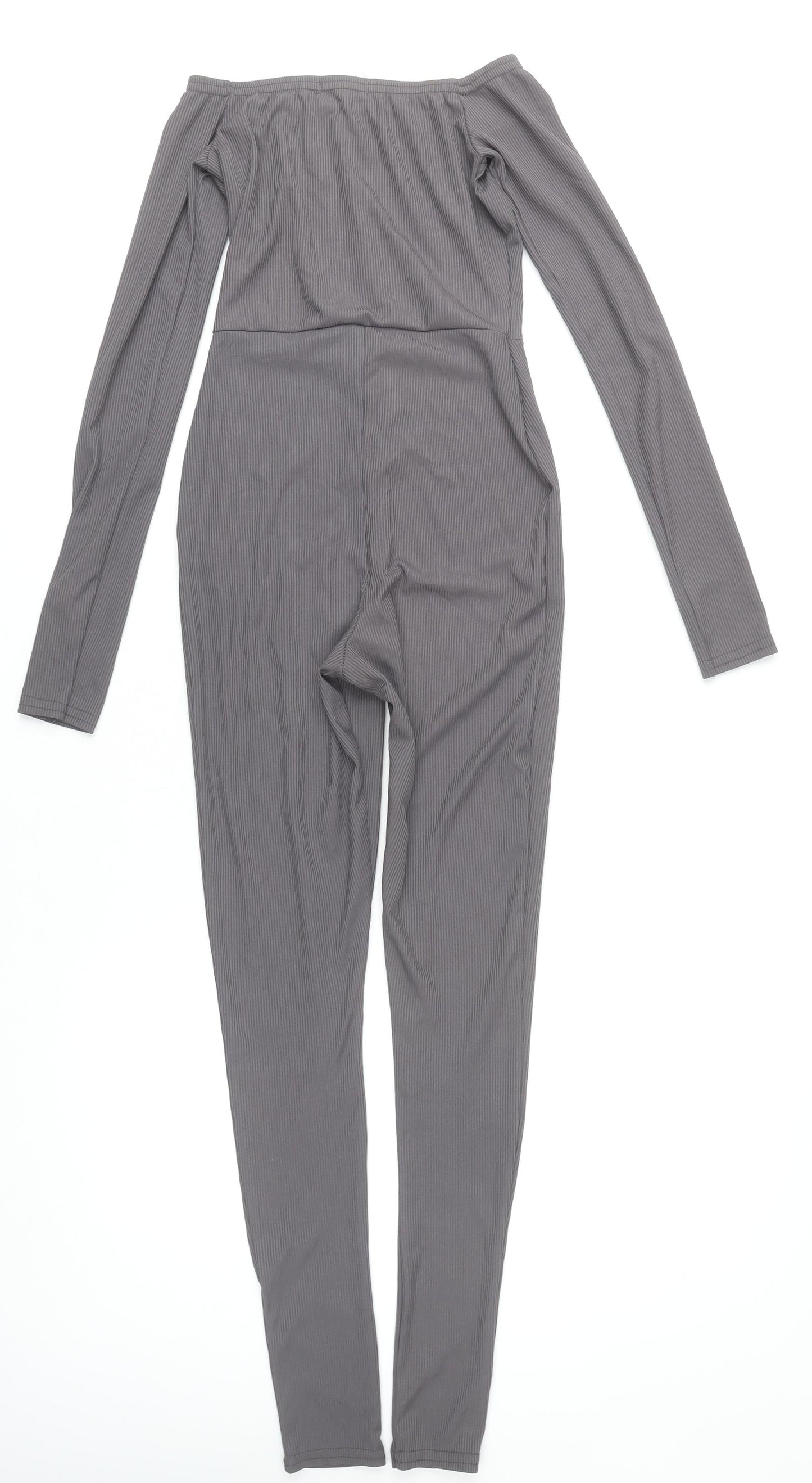 PrettyLittleThing Women’s Grey Off-Shoulder Ribbed Catsuit Size 4