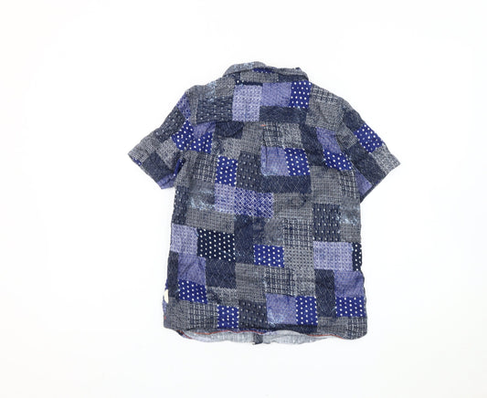 White Stuff Boys Blue Patchwork Cotton Short Sleeve Button-Up Shirt 9-10Y