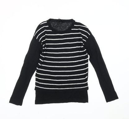 Jaeger Womens Black Striped Linen Blend Jumper Size S Crew Neck