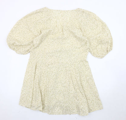 H&M Women’s Ivory Floral A-Line Short Dress Size 8 Puff Sleeves