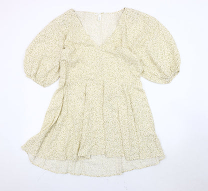 H&M Women’s Ivory Floral A-Line Short Dress Size 8 Puff Sleeves