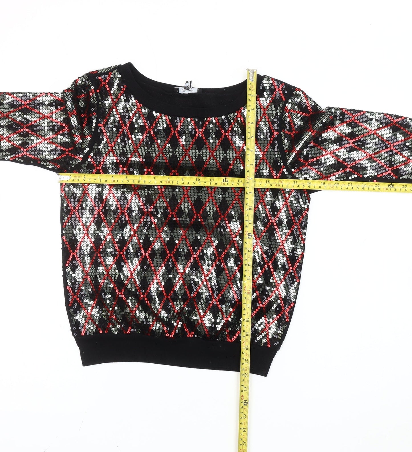 Express Women's Black Sequin Argyle Pullover Sweatshirt Size S