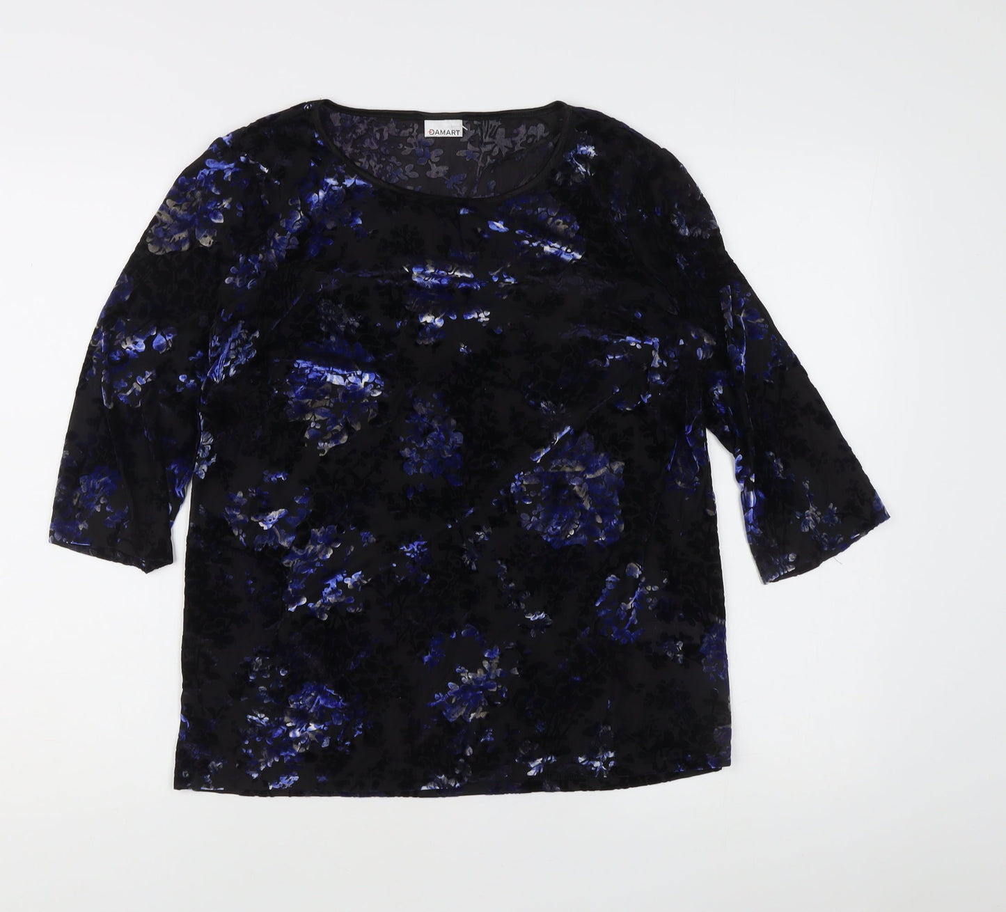 Damart Women’s Black Floral Velvet Blouse L Regular 3/4 Sleeve Scoop Neck