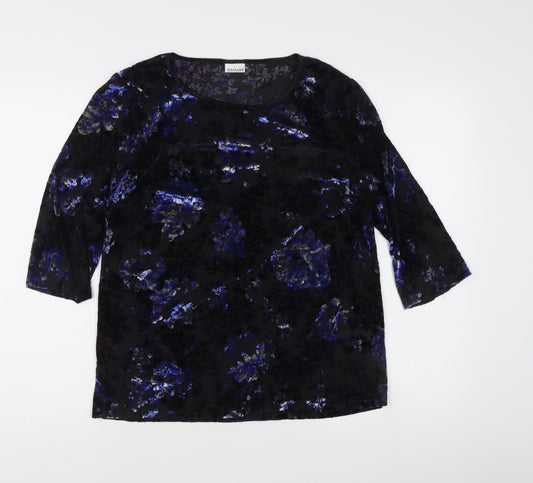 Damart Women’s Black Floral Velvet Blouse L Regular 3/4 Sleeve Scoop Neck