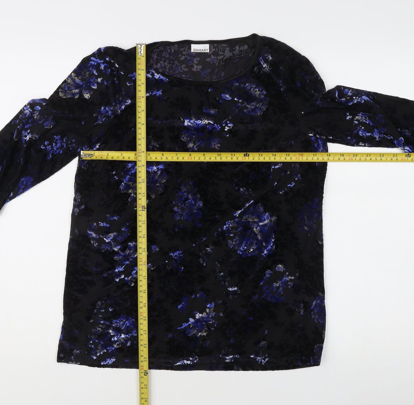 Damart Women’s Black Floral Velvet Blouse L Regular 3/4 Sleeve Scoop Neck