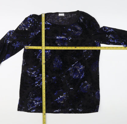 Damart Women’s Black Floral Velvet Blouse L Regular 3/4 Sleeve Scoop Neck