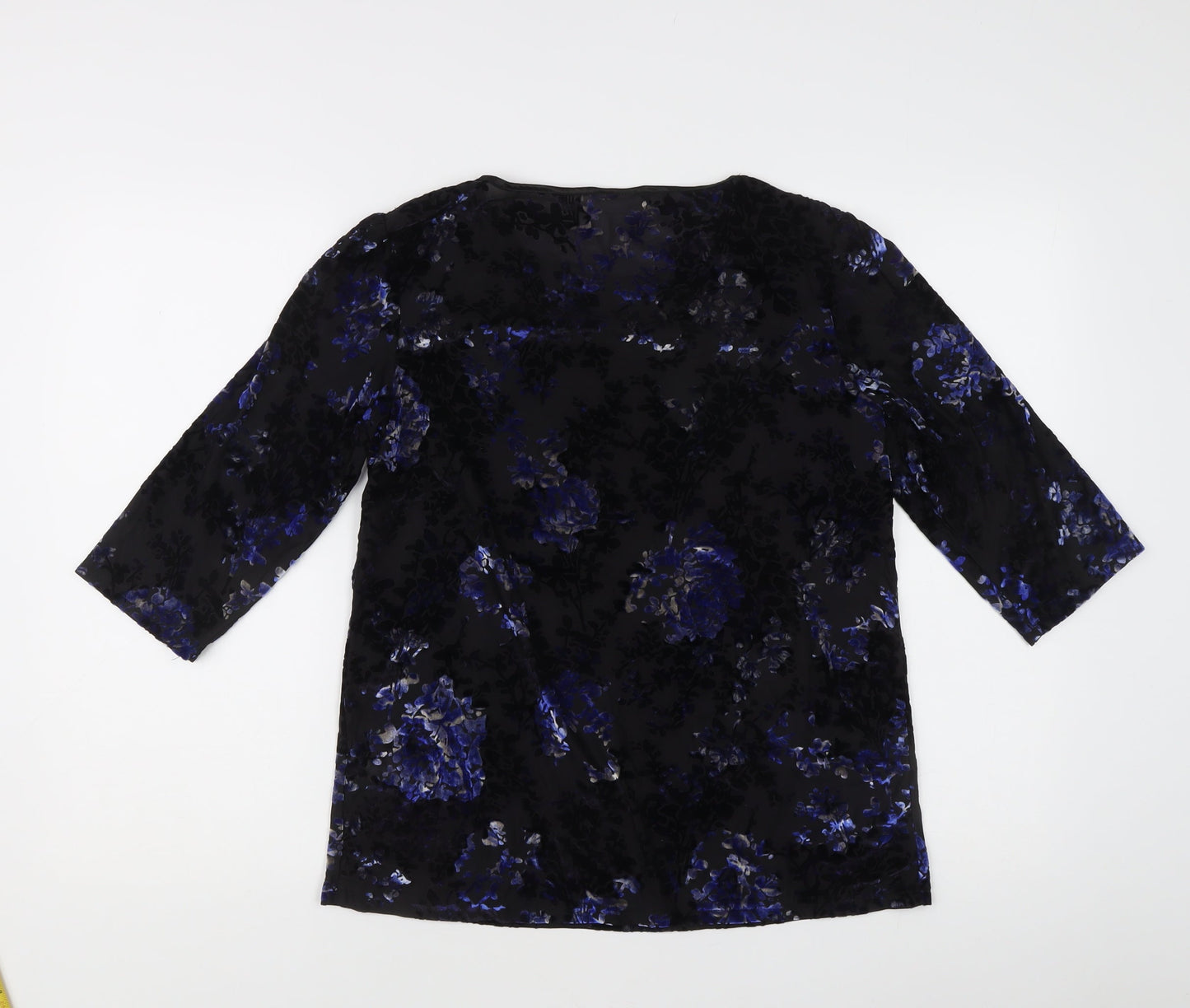 Damart Women’s Black Floral Velvet Blouse L Regular 3/4 Sleeve Scoop Neck