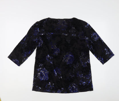 Damart Women’s Black Floral Velvet Blouse L Regular 3/4 Sleeve Scoop Neck