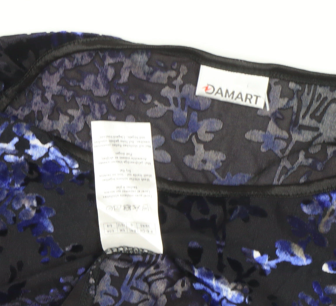 Damart Women’s Black Floral Velvet Blouse L Regular 3/4 Sleeve Scoop Neck