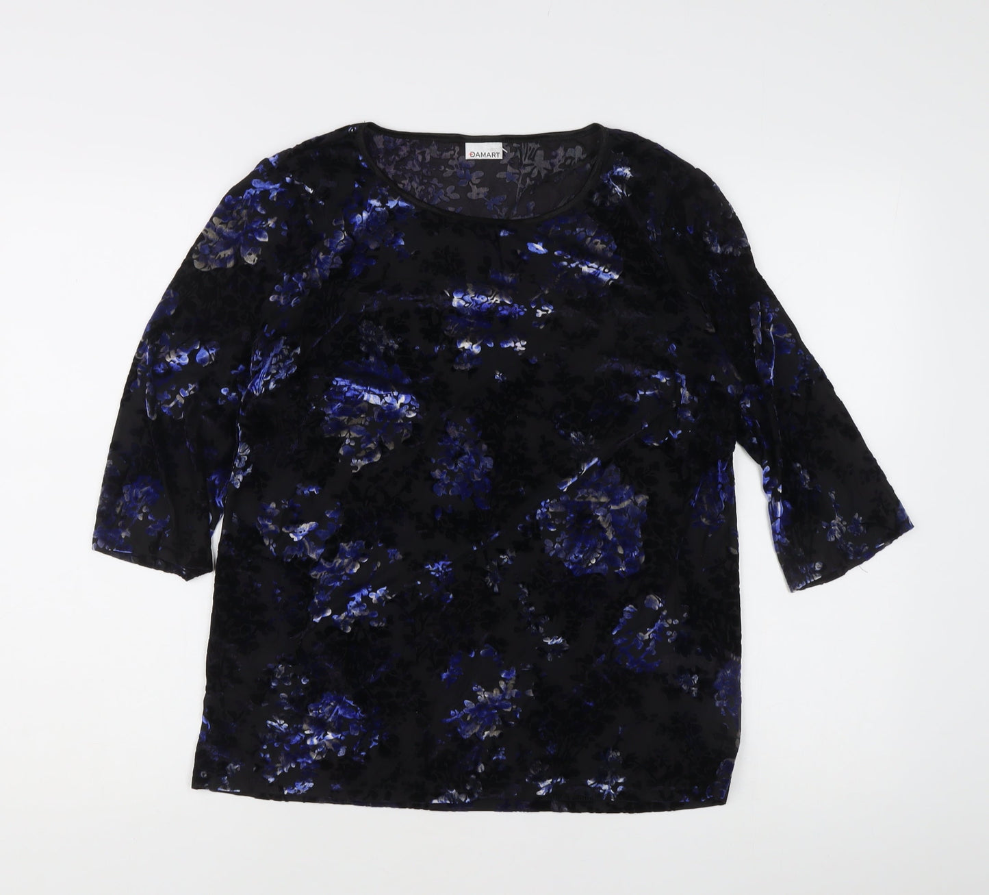 Damart Women’s Black Floral Velvet Blouse L Regular 3/4 Sleeve Scoop Neck
