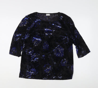 Damart Women’s Black Floral Velvet Blouse L Regular 3/4 Sleeve Scoop Neck