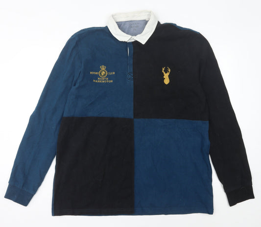 Next Men’s Blue Colourblock Rugby Polo Shirt 2XL Long Sleeve