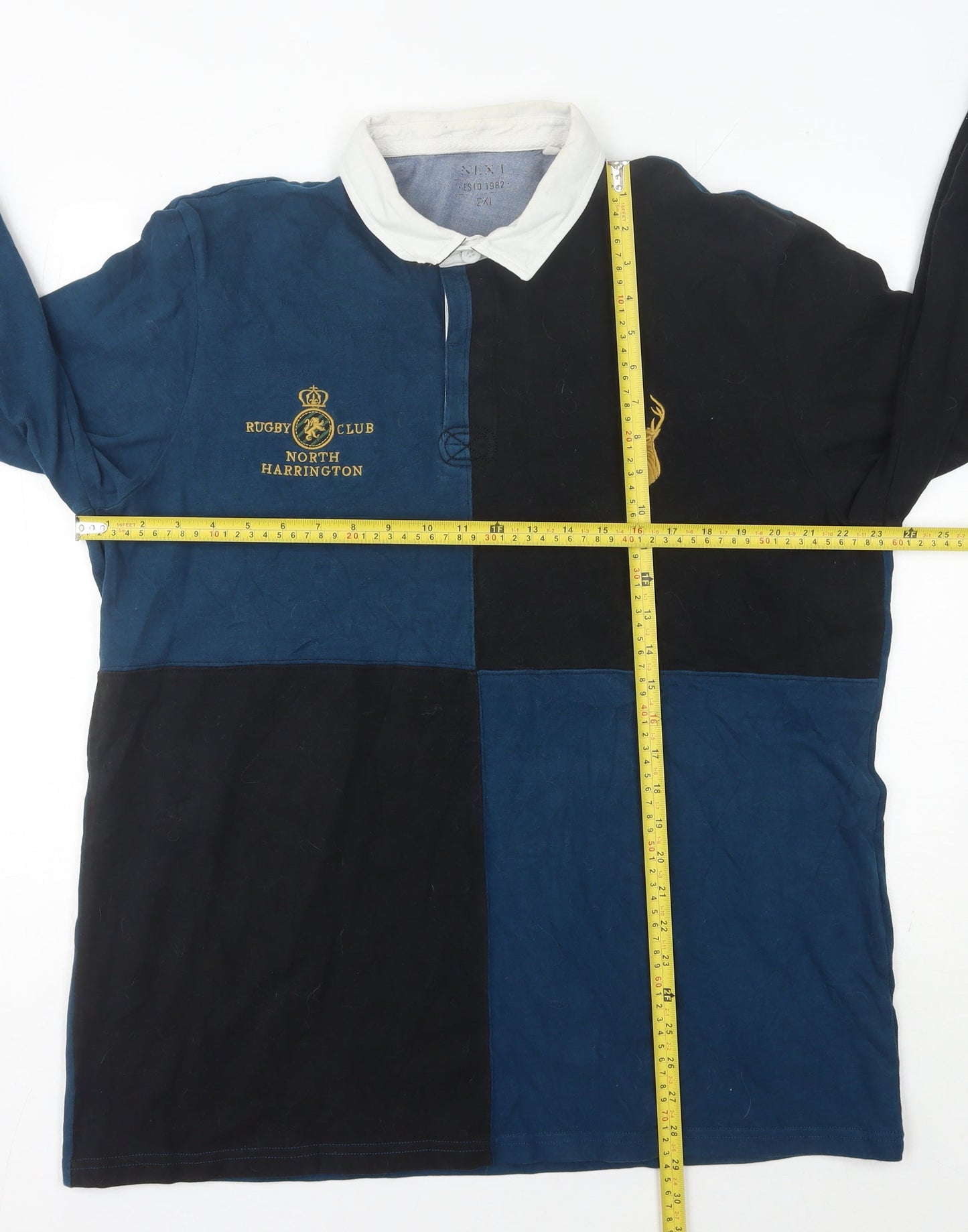 Next Men’s Blue Colourblock Rugby Polo Shirt 2XL Long Sleeve