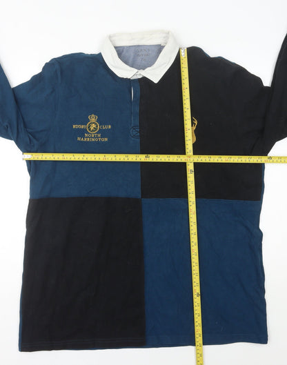 Next Men’s Blue Colourblock Rugby Polo Shirt 2XL Long Sleeve