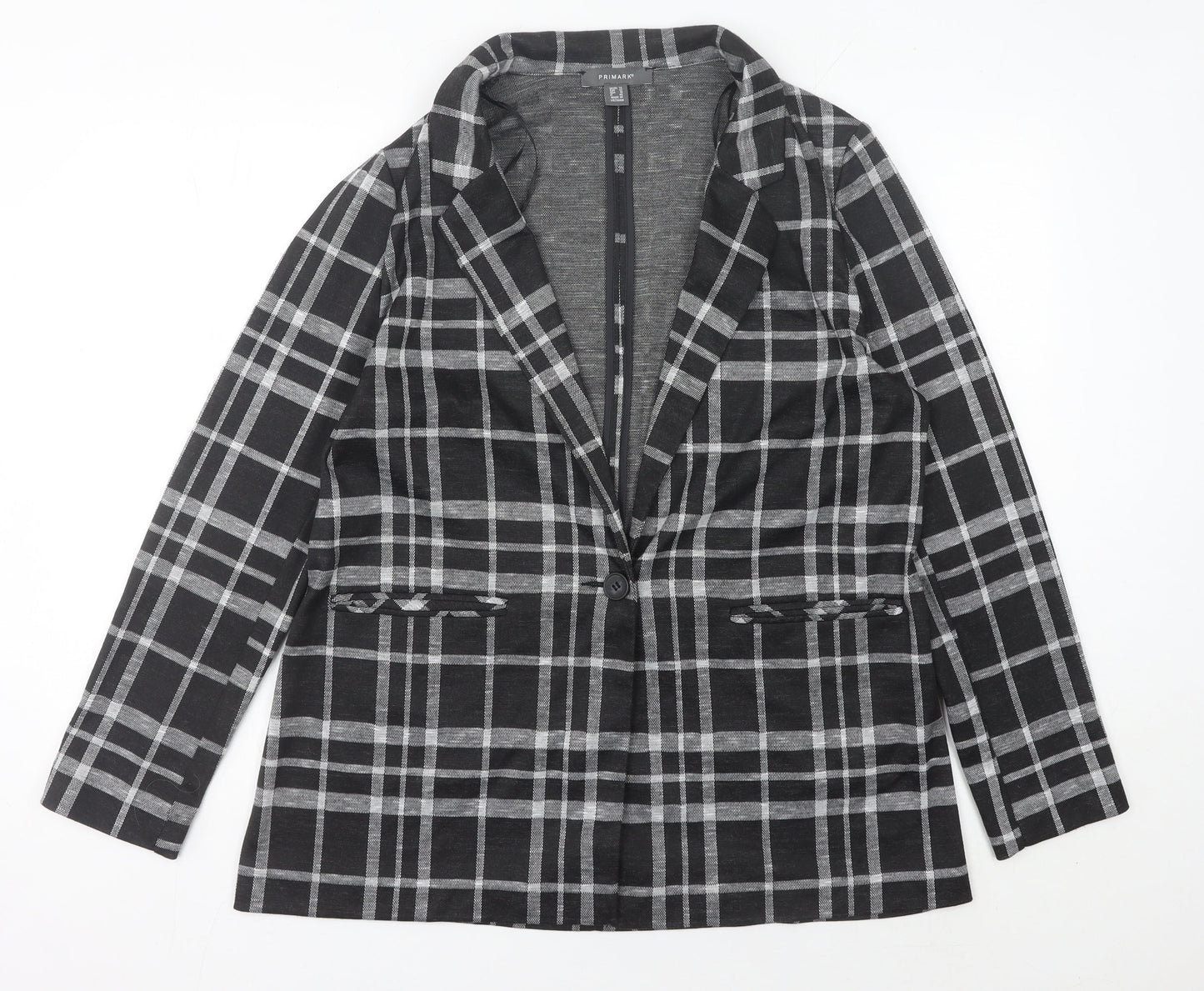 Primark Women's Black Check Blazer UK 14 Regular Fit Single-Breasted