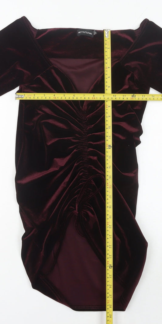 PrettyLittleThing Women's Purple Velvet Ruched Bodycon Mini Dress Size 14