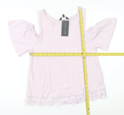 New Look Women Pink Size 12 Cotton Cold Shoulder Crochet Blouse