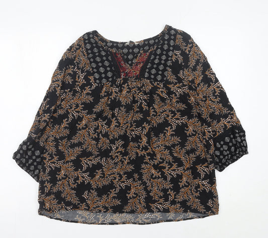 M&Co Women’s Black Floral Tunic Blouse Size 14 Bohemian Embroidered