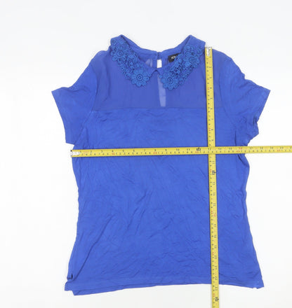 ICON Women’s Blue Embroidered Collar Blouse Size 12 Short Sleeve