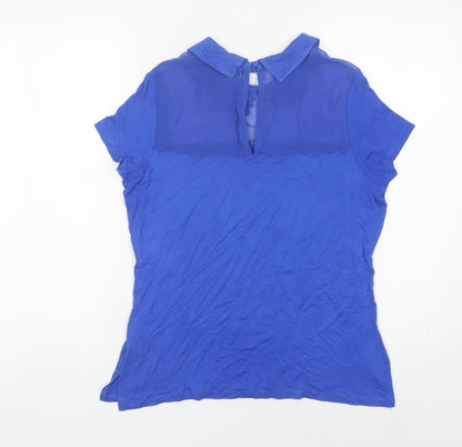 ICON Women’s Blue Embroidered Collar Blouse Size 12 Short Sleeve
