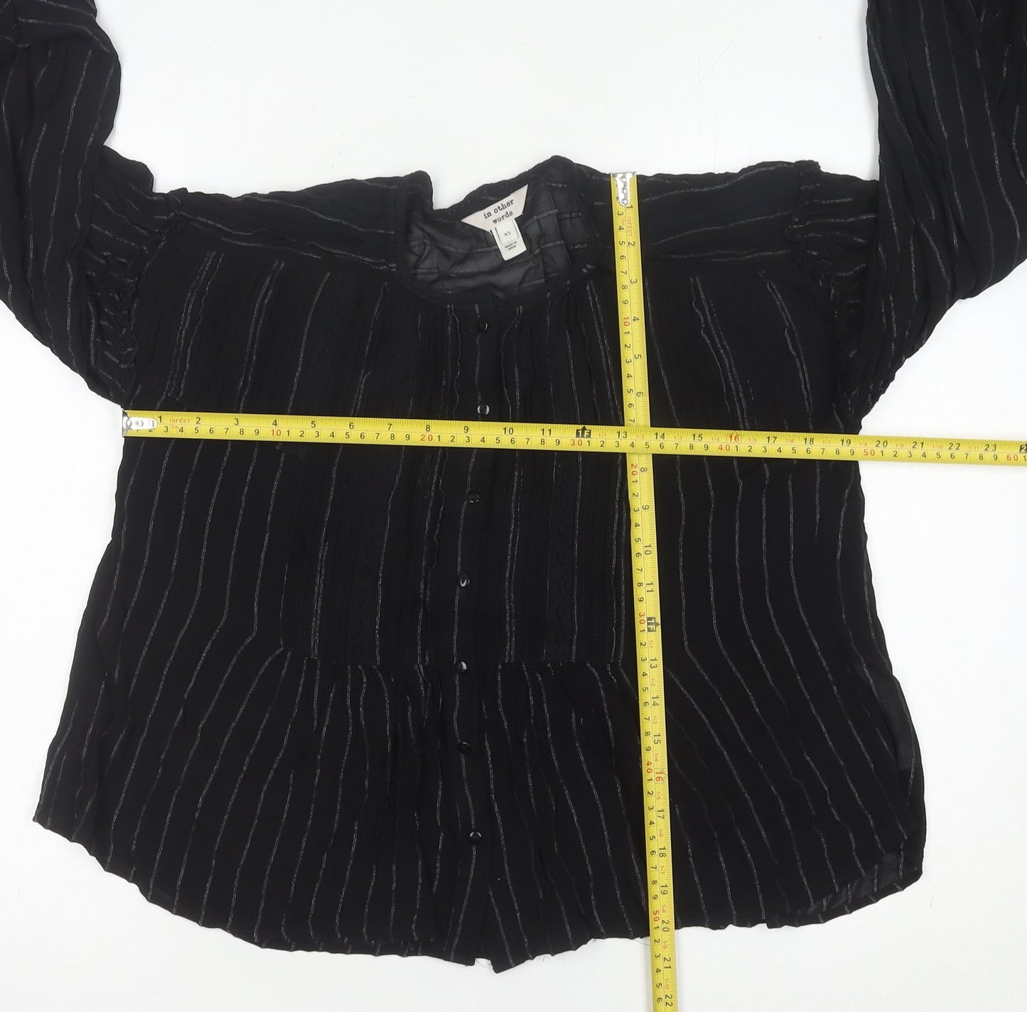 In Other Words Women’s Black Striped Long Sleeve Balloon Blouse XS
