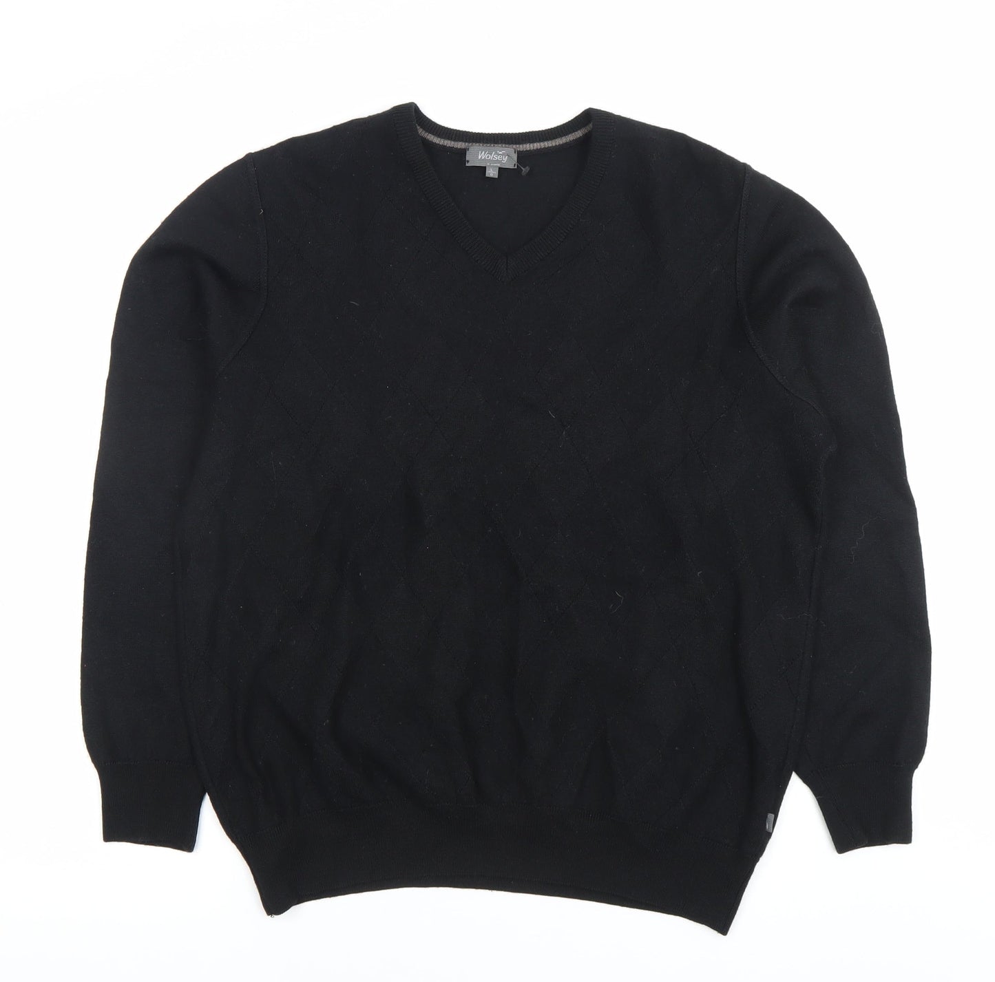 Wolsey Men’s Black Argyle V-Neck Pullover Jumper - Size L - Casual Winter