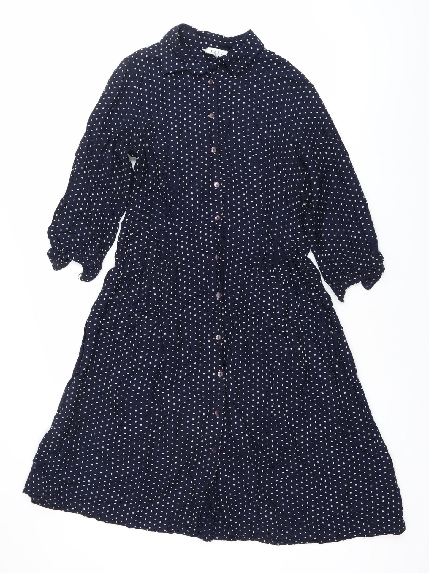 East Women’s Blue Polka Dot Midi Shirt Dress Size 10 Long Sleeve