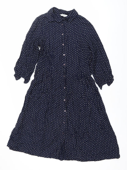 East Women’s Blue Polka Dot Midi Shirt Dress Size 10 Long Sleeve