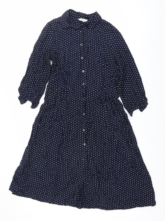East Women’s Blue Polka Dot Midi Shirt Dress Size 10 Long Sleeve