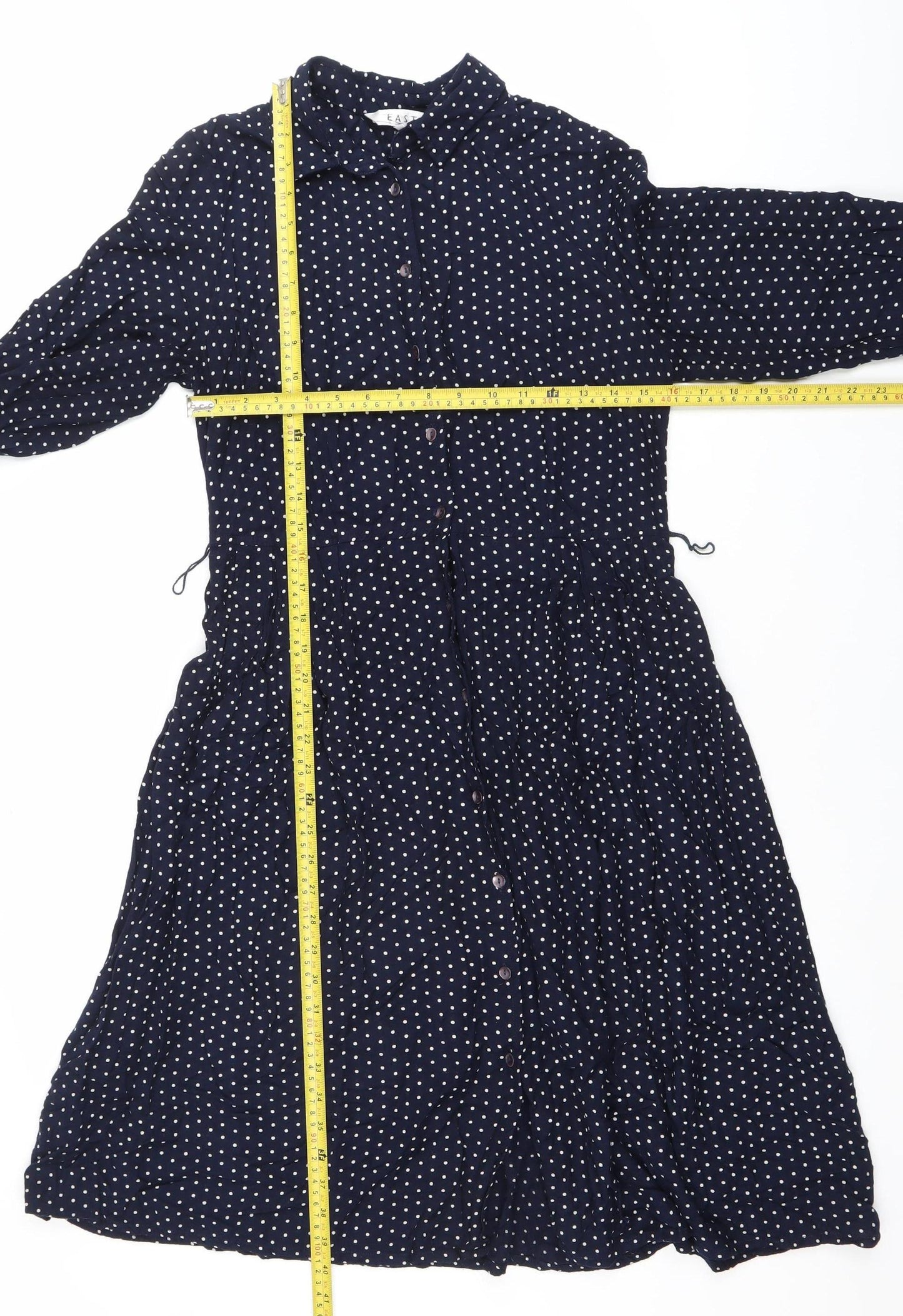 East Women’s Blue Polka Dot Midi Shirt Dress Size 10 Long Sleeve