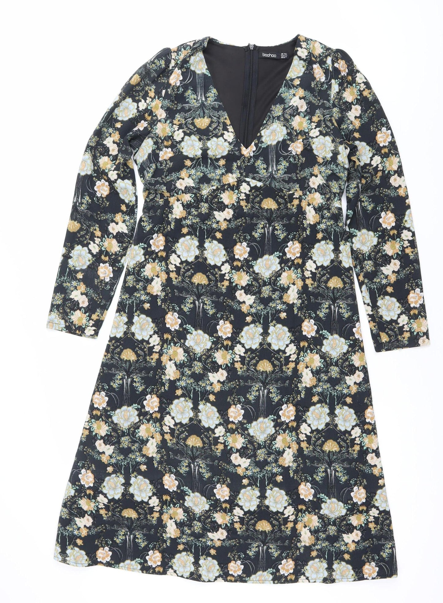 Boohoo Women's Multicoloured Floral Wrap Dress Size 10 Knee Length V-Neck