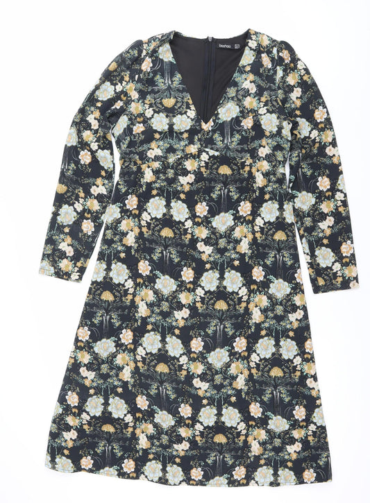 Boohoo Women's Multicoloured Floral Wrap Dress Size 10 Knee Length V-Neck