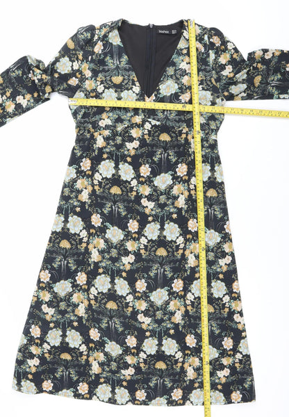 Boohoo Women's Multicoloured Floral Wrap Dress Size 10 Knee Length V-Neck