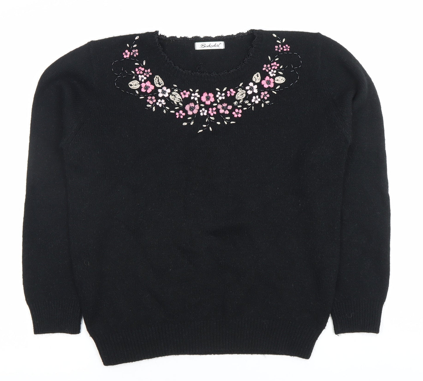 Berkert Women's Black Floral Embroidered Pullover Jumper Size 10