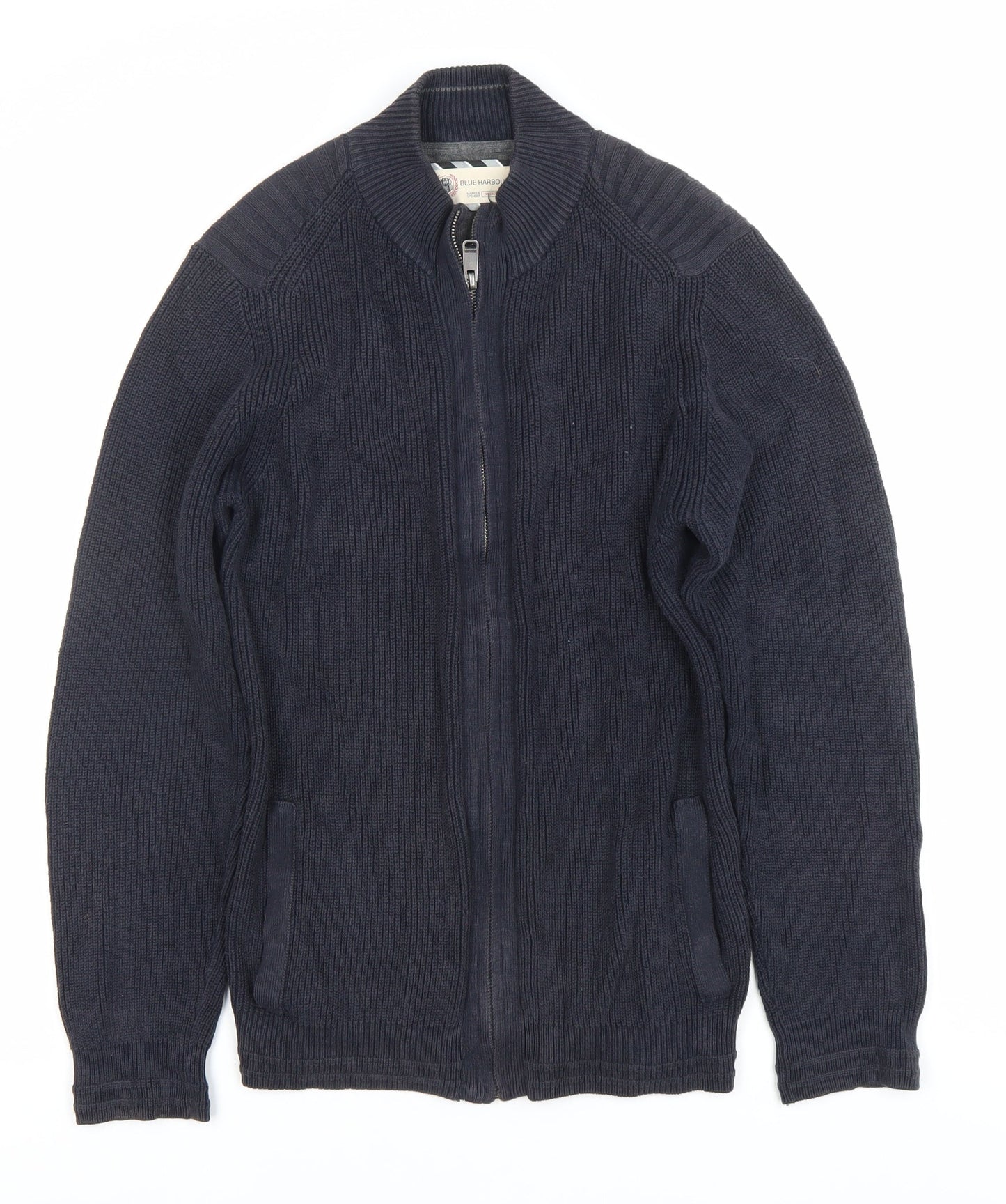 Marks and Spencer Men’s Blue Full Zip Chunky Knit Mock Neck Jumper M