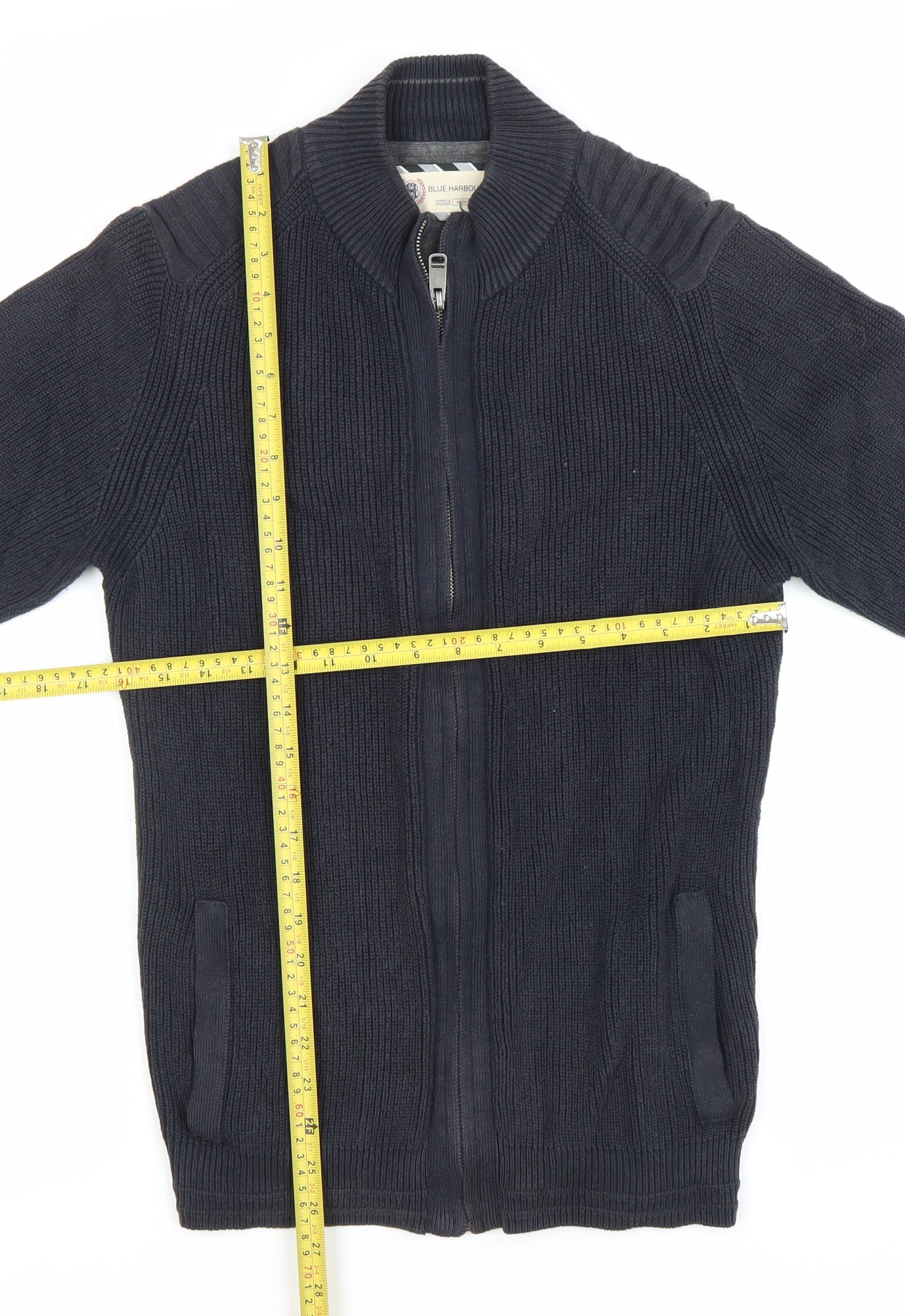 Marks and Spencer Men’s Blue Full Zip Chunky Knit Mock Neck Jumper M