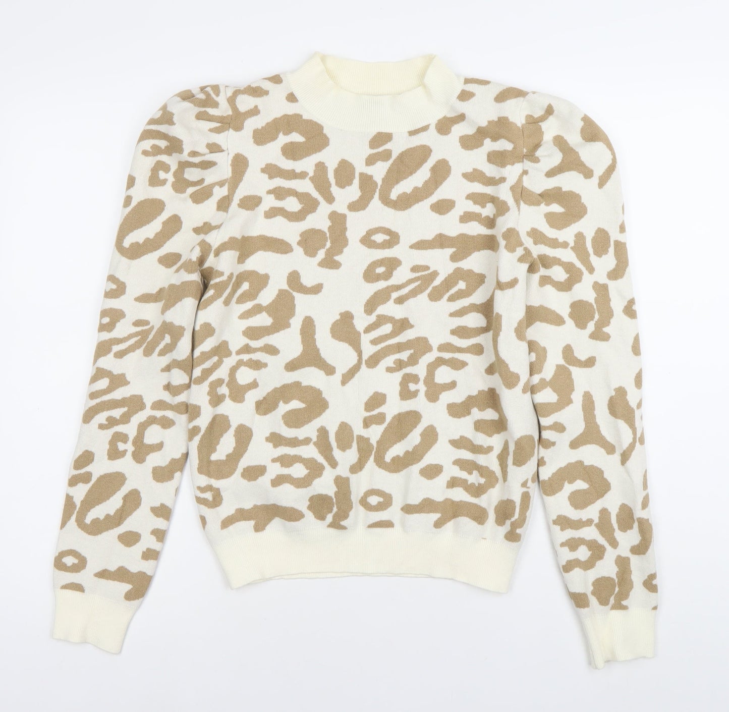 Oneweht Women's Beige Animal Print Mock Neck Puff Sleeve Jumper M