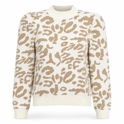 Oneweht Women's Beige Animal Print Mock Neck Puff Sleeve Jumper M