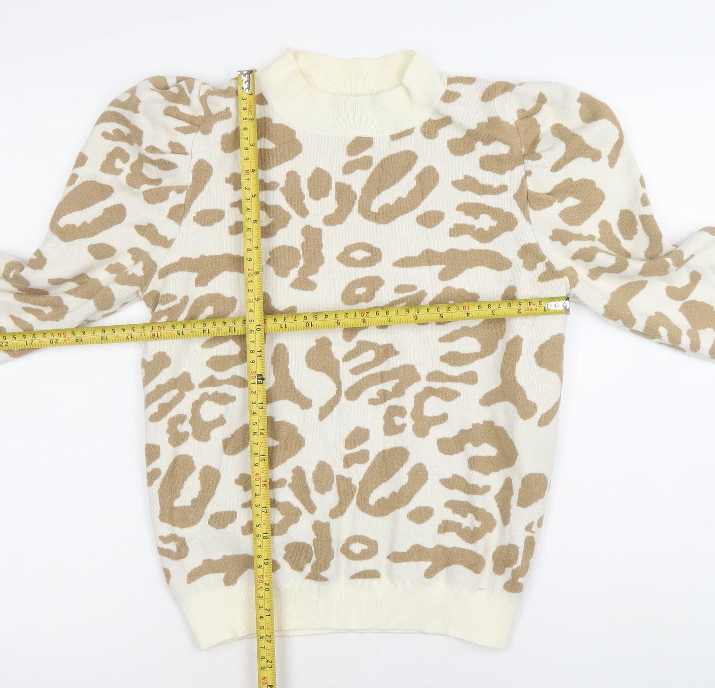 Oneweht Women's Beige Animal Print Mock Neck Puff Sleeve Jumper M