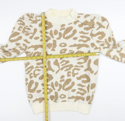 Oneweht Women's Beige Animal Print Mock Neck Puff Sleeve Jumper M