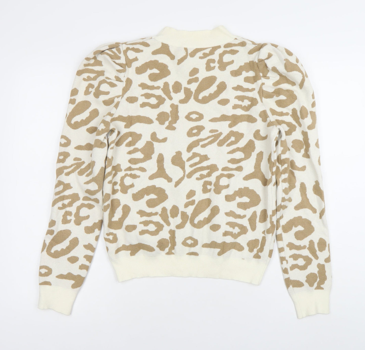 Oneweht Women's Beige Animal Print Mock Neck Puff Sleeve Jumper M