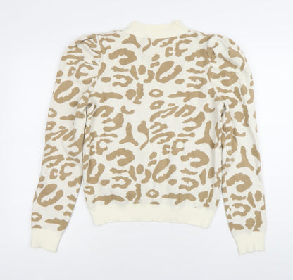 Oneweht Women's Beige Animal Print Mock Neck Puff Sleeve Jumper M