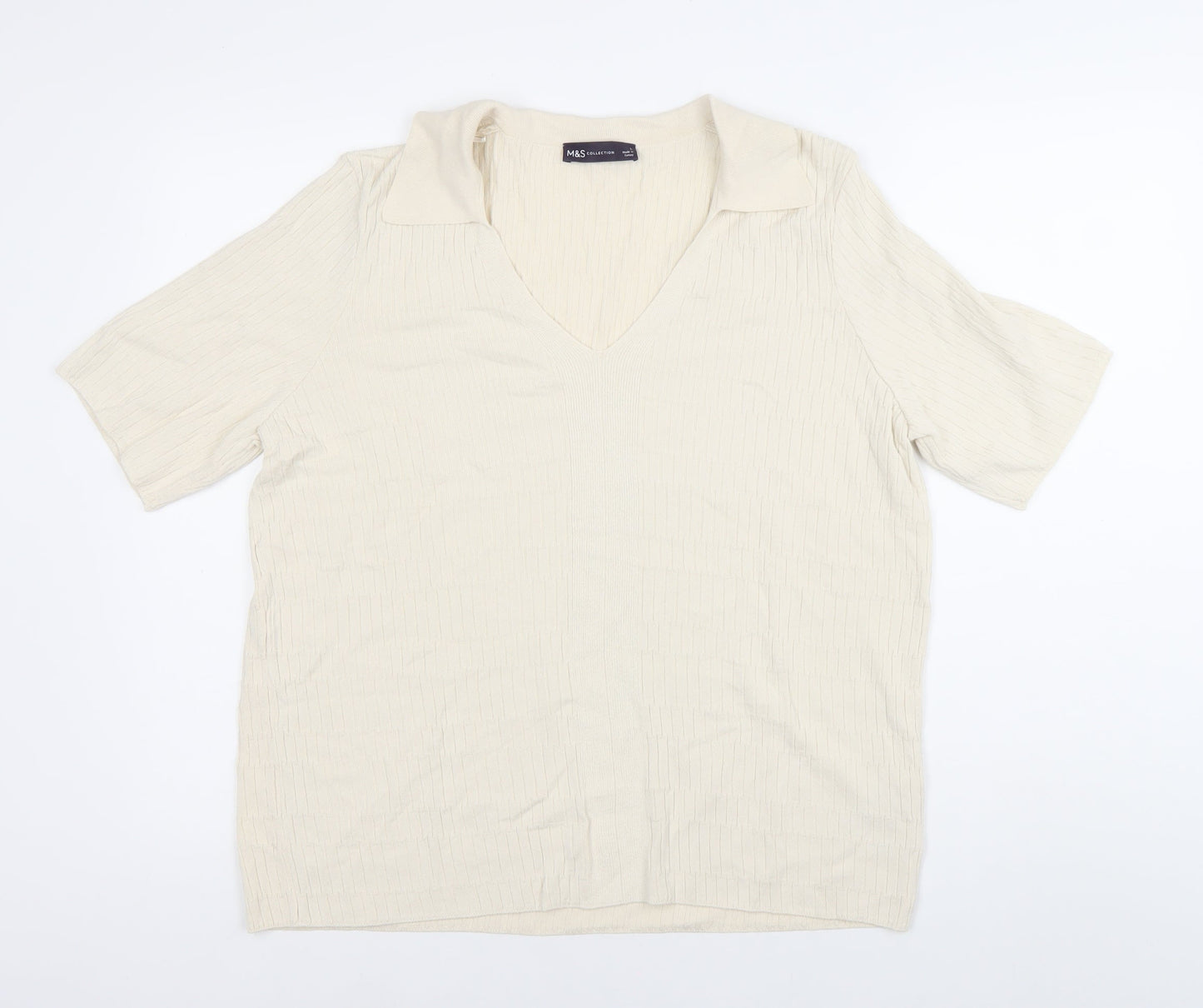 Marks and Spencer Men’s Ivory Knit Polo Shirt L V-Neck Short Sleeve