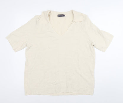 Marks and Spencer Men’s Ivory Knit Polo Shirt L V-Neck Short Sleeve