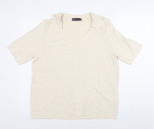 Marks and Spencer Men’s Ivory Knit Polo Shirt L V-Neck Short Sleeve