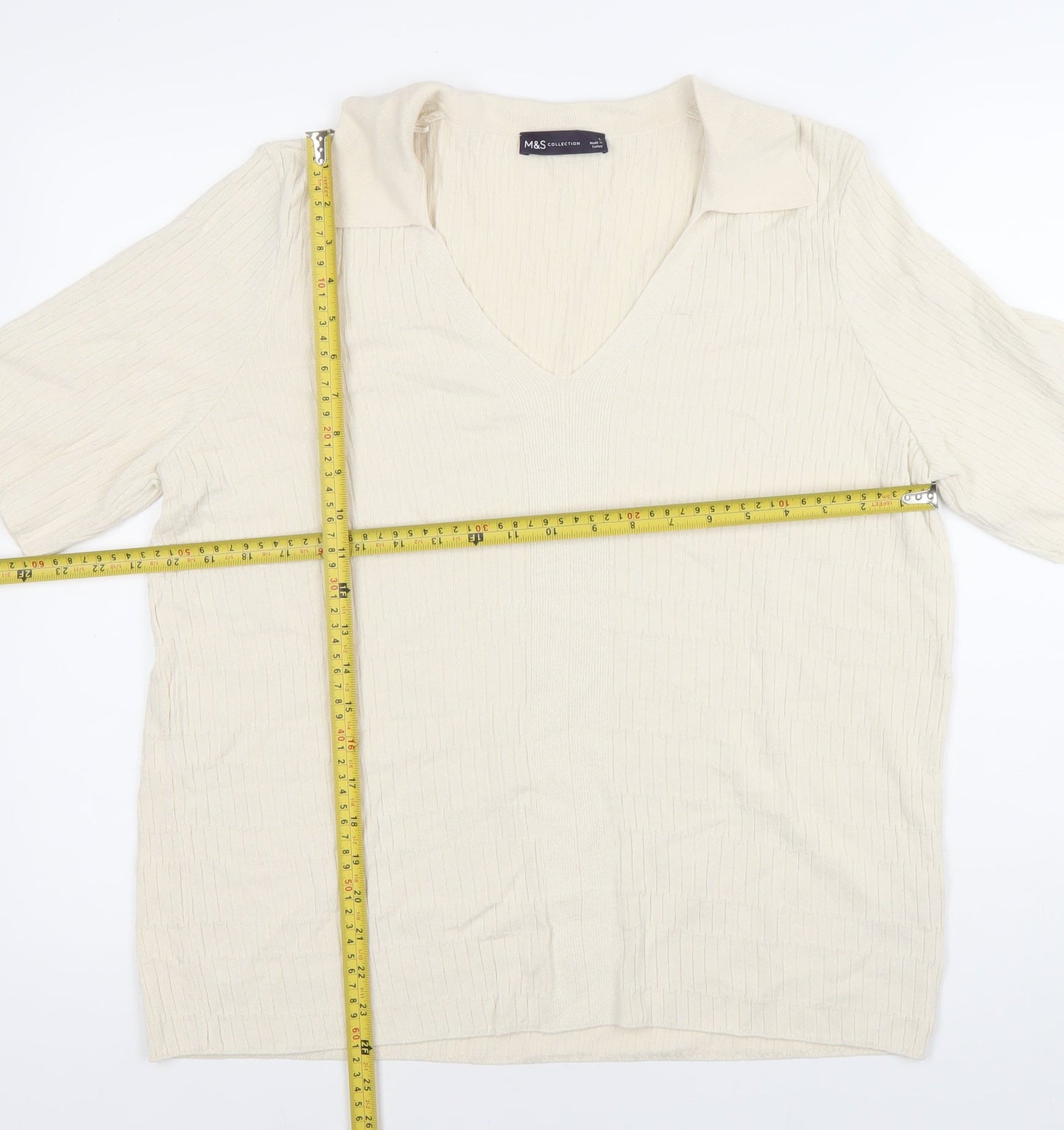 Marks and Spencer Men’s Ivory Knit Polo Shirt L V-Neck Short Sleeve