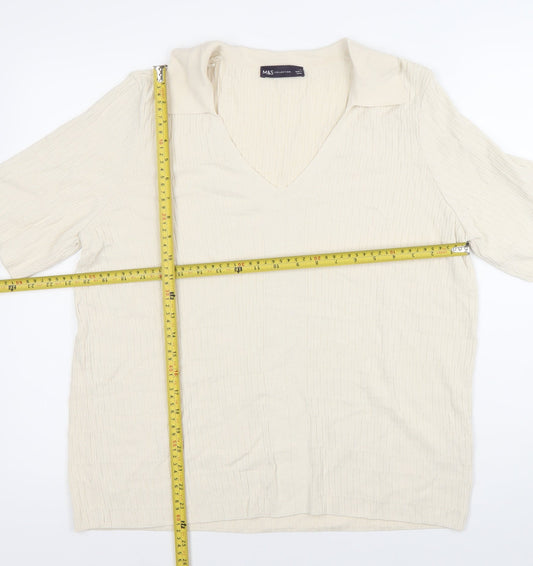Marks and Spencer Men’s Ivory Knit Polo Shirt L V-Neck Short Sleeve